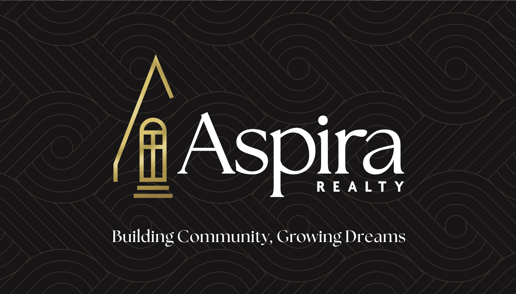 Aspira Logo ofver wavey pattern with tagline "Building communities, building dreams"